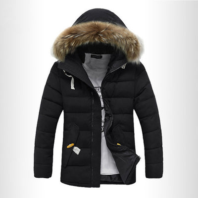 Winter Fur Collar Cotton-Padded Jacket Men's Korean Style Slim Mid-Length Men's Student Padded Jacket And Velvet Thick Hooded Jacket