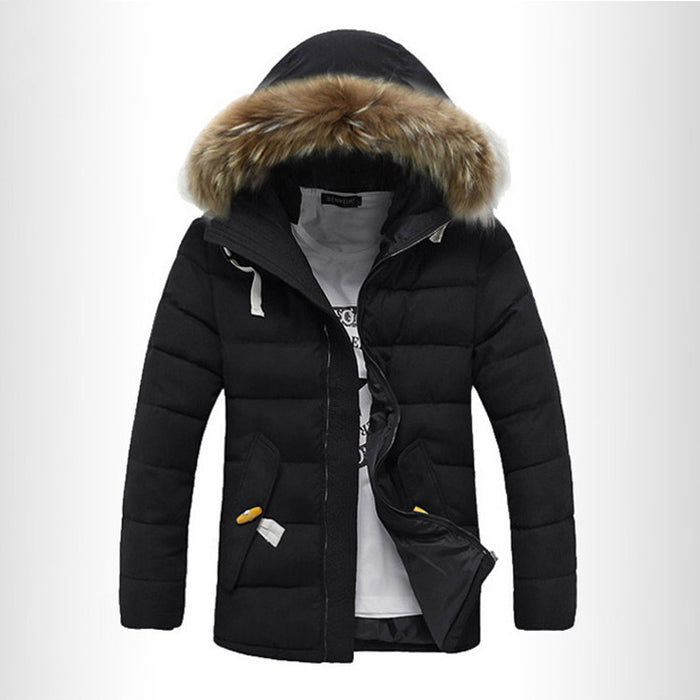 Winter Fur Collar Cotton-Padded Jacket Men's Korean Style Slim Mid-Length Men's Student Padded Jacket And Velvet Thick Hooded Jacket