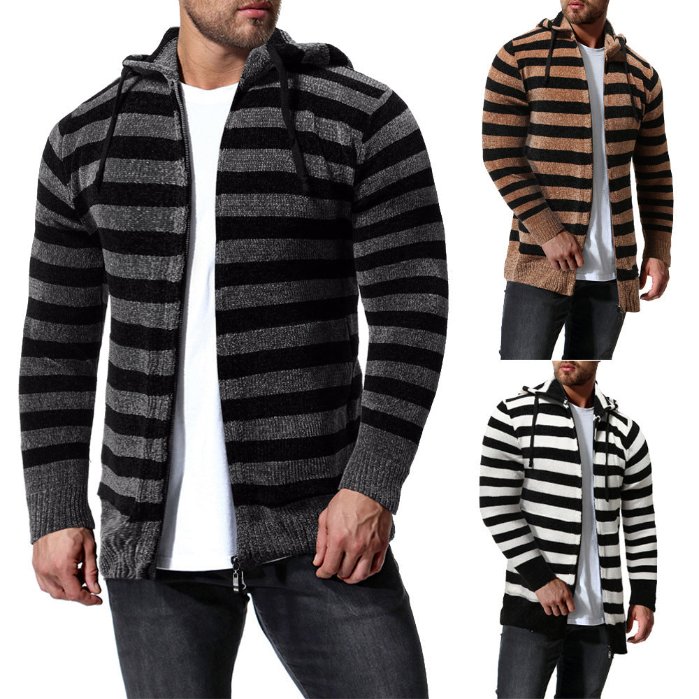 Striped Long Sleeve Hooded Zip-up Coats