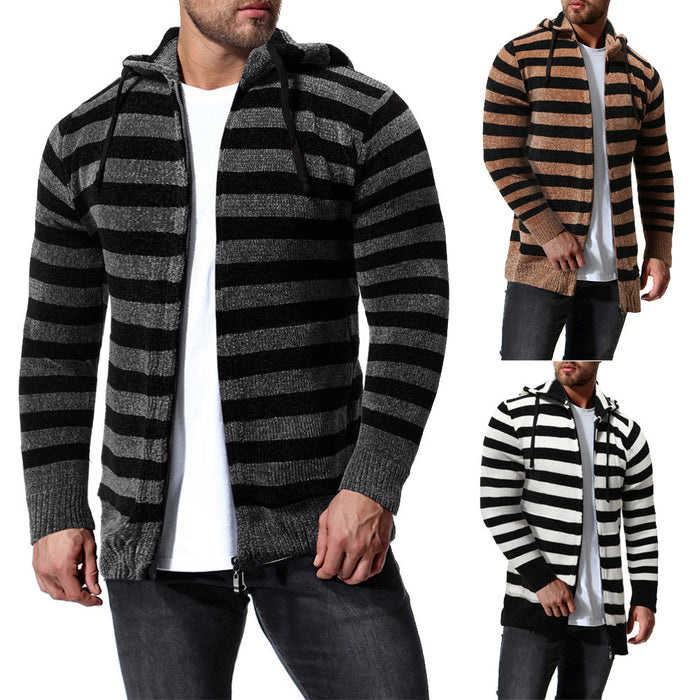 Striped Long Sleeve Hooded Zip-up Coats