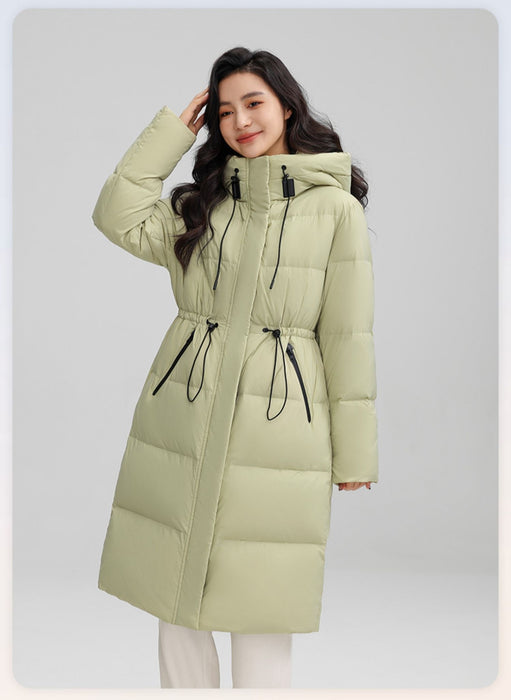 Drawstring Waist Long Below The Knee Down Jacket Women's Winter Casual Warm Jacket