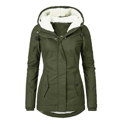 Winter Hooded Jacket Solid Color Warm Buckle Zip-up Fleece Jacket With Pockets Women's Casual Jacket