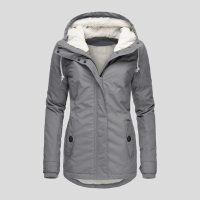 Winter Hooded Jacket Solid Color Warm Buckle Zip-up Fleece Jacket With Pockets Women's Casual Jacket