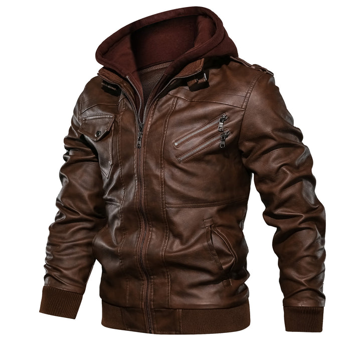 Men's Leather Jackets, Faux Leather Jacket For Men Lapel Zip-Up Slim Fit Coat