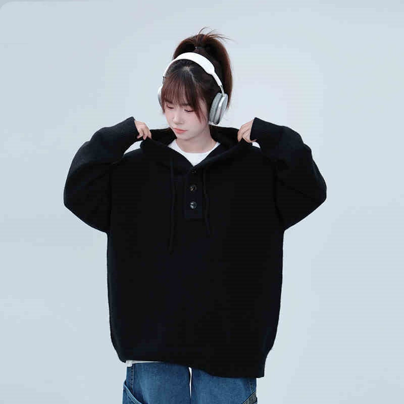 Hooded Sweater Half Cardigan Knitwear