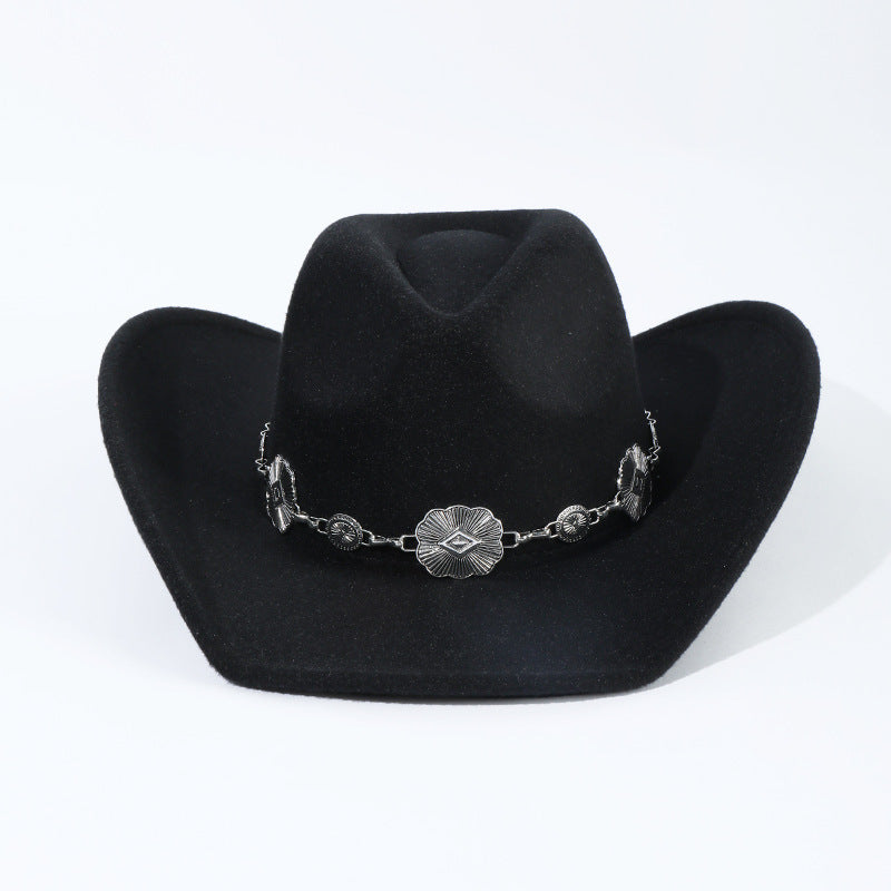 Autumn And Winter Fashion Western Cowboy Hat Alloy Accessories Broad-brimmed Hat European And American Style Curling