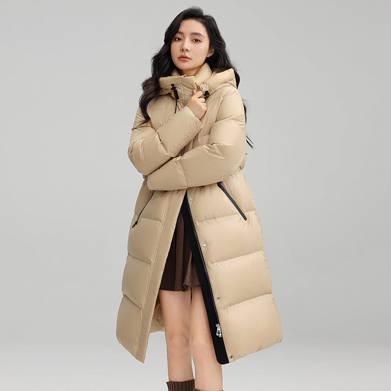 Drawstring Waist Long Below The Knee Down Jacket Women's Winter Casual Warm Jacket