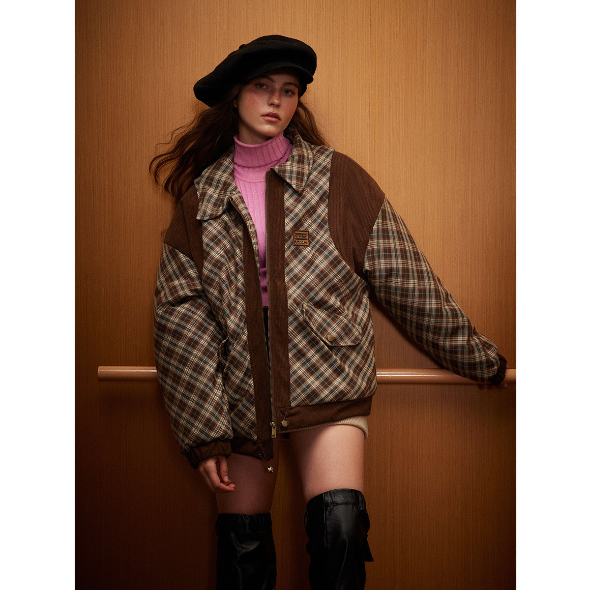 Winter Warm American Retro Plaid Patchwork Cotton-padded Jacket