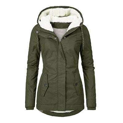 Winter Hooded Jacket Solid Color Warm Buckle Zip-up Fleece Jacket With Pockets Women's Casual Jacket